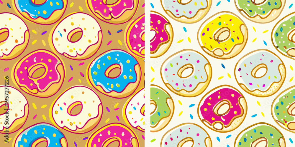 Fototapeta premium Colorful donut pattern with various frostings and sprinkles displayed