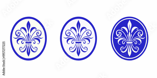 Three oval blue emblems with ornate floral designs centered within
