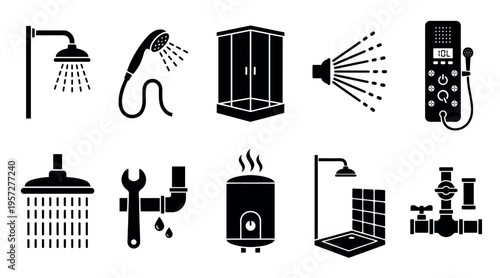 A collection of black and white glyph icons representing various bathroom and shower elements, including plumbing, fixtures, and equipment, useful for design and infographics.
