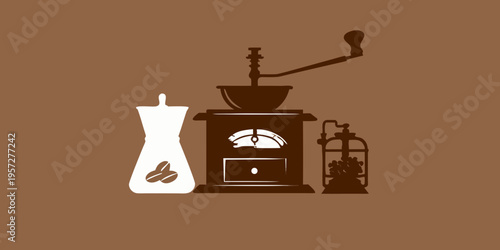 Vintage coffee grinder bottle and lantern illustration on a brown background