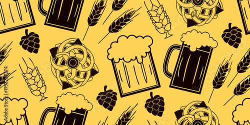 Seamless pattern of beer mugs hops and wheat against a yellow background