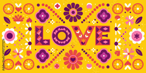 Colorful floral pattern with the word love in the center