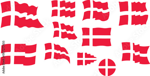 Set of denmark flags in various shapes and waving styles