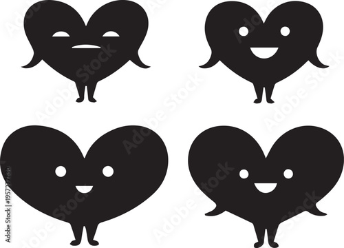 Four Cartoon Heart Characters with Arms and Legs on White Background