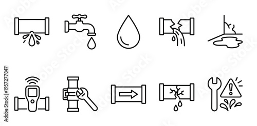 A collection of simple line icons representing plumbing issues like leaks, dripping faucets, broken pipes, and repair tools, useful for illustrating maintenance and utility services.