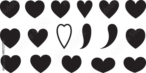 Collection of Black Heart Shapes and Punctuation Marks on White Background