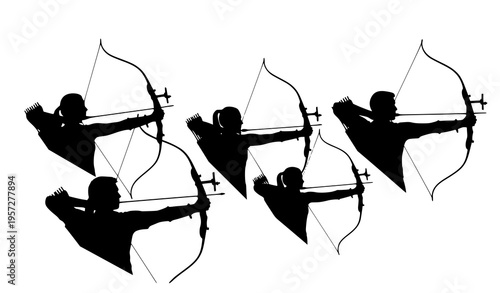 Dynamic archer silhouettes in action male and female bow and arrow upper body vector illustration