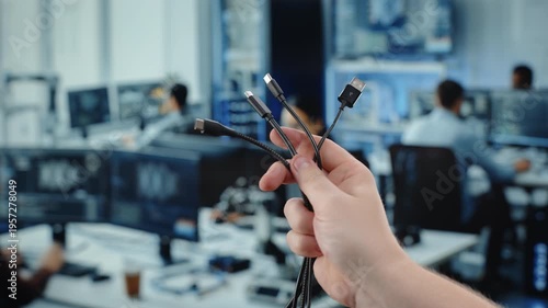 Hand holding multiple charging cables in office workspace