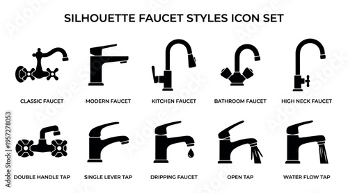 A collection of ten black silhouette icons representing various faucet styles including classic, modern, kitchen, bathroom, high neck, double handle, single lever, dripping, open, and water flow taps.