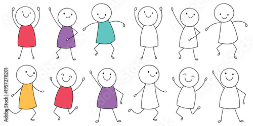 Hand-drawn cartoon and doodle set of happy stick figures on a white background.