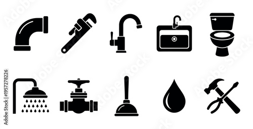 A collection of black silhouette icons representing plumbing tools and fixtures, including a pipe elbow, wrench, faucet, sink, toilet, shower, valve, plunger, water drop, and tools.
