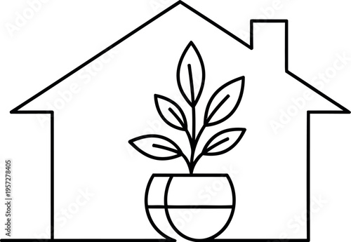Simple continuous line art illustration depicting a potted houseplant thriving safely inside the outline of a minimalist home structure.