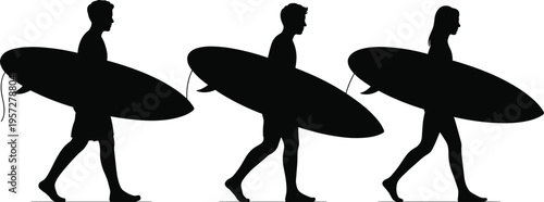 Set of surfer silhouettes walking with surfboards on white background, summer beach lifestyle, surfing adventure, water sports, outdoor travel, ocean.