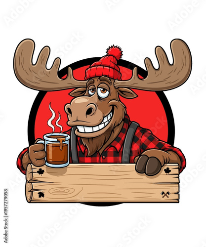 Cheerful lumberjack moose mascot in red plaid shirt holding hot drink behind wooden sign