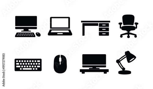 Minimal black silhouette icons of office workstation equipment including computer, laptop, desk, chair, keyboard, mouse, monitor, and lamp