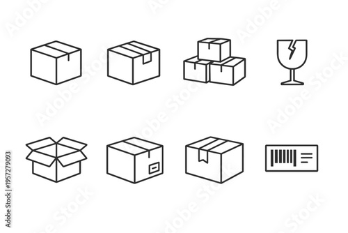 Set of minimal line icons showing cardboard boxes, taped parcels, stacked packages, open carton, fragile symbol, and shipping label for delivery logistics