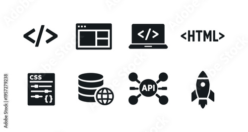 Minimal black web development icons set featuring code brackets, HTML tag, browser window, laptop, CSS file, database, API network, and rocket launch