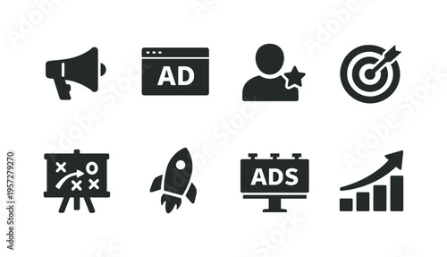 Marketing and advertising icon set with megaphone, ad window, influencer, target, strategy board, rocket launch, desktop ads, and growth chart