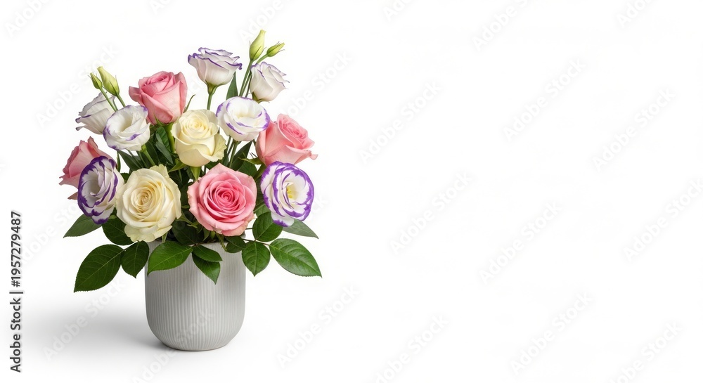 Obraz premium Bouquet of pink and white roses in a modern grey vase, isolated photo, copy space 