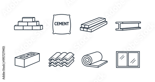 Black and white line icons of construction materials including bricks, cement bag, lumber planks, steel beam, concrete block, roof tiles, insulation roll, and window