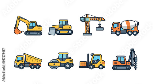Set of cartoon construction vehicles and equipment including excavator, bulldozer, crane, cement mixer, dump truck, roller, forklift, and drill rig