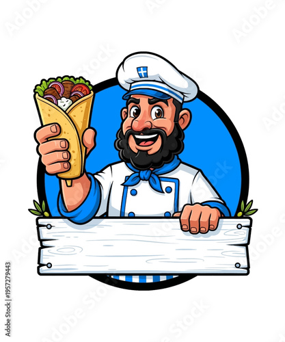 Cheerful cartoon chef, dressed in a traditional uniform, happily presents a delicious, freshly made Greek gyro sandwich.