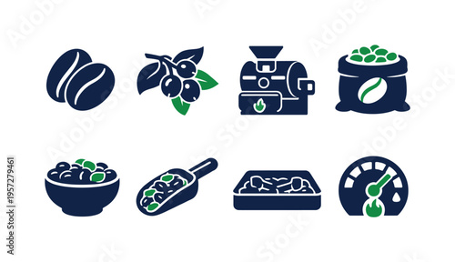 Vector icon set of coffee bean, blueberries, espresso machine, coffee sack, bowl, scoop, roasting tray, and speed gauge in flat style