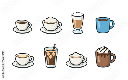 Collection of illustrated coffee and beverage cups including espresso, cappuccino, latte, iced coffee, and hot chocolate in simple cartoon style