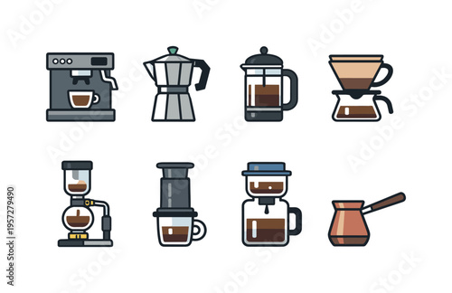 Flat vector set of coffee brewing equipment including espresso machine, moka pot, French press, pour over dripper, and stovetop pot icons