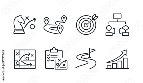 Minimal line icons set for business strategy planning, including chess tactics, route mapping, target goals, team structure, analytics, and growth