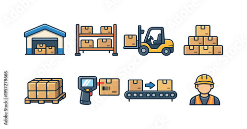 Warehouse logistics and inventory management icons showing storage, shelving, forklift handling, palletized boxes, barcode scanning, conveyor sorting, and worker safety