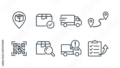 Minimal line icons set showing package tracking, delivery truck, route pins, QR code scanning, parcel inspection, and shipping checklist logistics