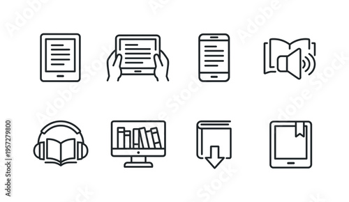 Set of minimalist outline icons for digital reading, e-learning, audiobooks, library resources, and mobile devices on a white background