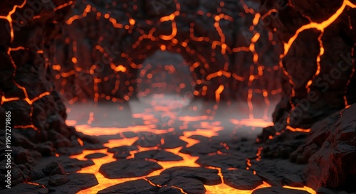 Molten lava flowing through volcanic landscape.