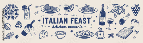 Italian feast lettering, delicious food moments, pasta pizza restaurant, culinary dining typography, mediterranean cafe menu, gourmet food illustration, kitchen dining quote.