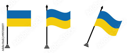 Ukraine flag vector icon set with flat, waving, and tilted designs on flagpole isolated on white background.