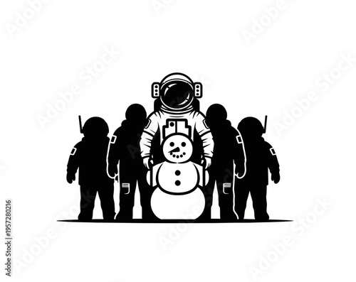 Astronauts with Snowman Silhouette, Space Exploration and Winter Holiday Concept.