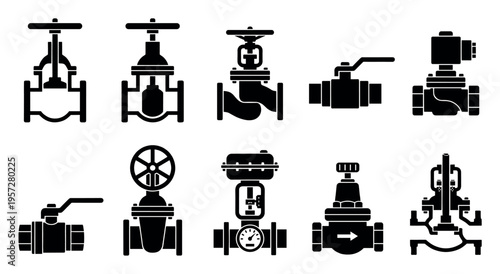 A collection of ten black silhouette icons depicting various industrial valves, including gate, ball, and pressure regulator types, arranged in two rows on a white background.