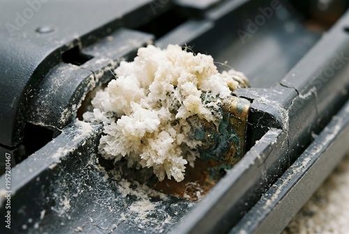 Macro close-up of white acidic crystal leakage blooming from a battery terminal