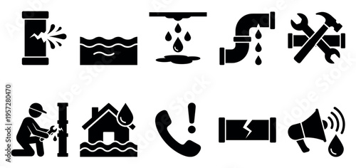 A collection of black and white icons depicting various plumbing issues including leaks, broken pipes, flooding, and repair tools for use in design and illustration projects.