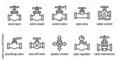 A set of clean line art icons representing various plumbing valves, showing open, closed, control, and shut-off functions for water and systems.