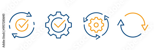 icons of sync process, rotating arrows and check mark, settings, update icon, linear editable symbols