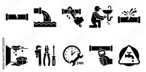 A collection of black and white vector icons depicting various plumbing problems and solutions, including broken pipes, leaks, and repair tools for service businesses.