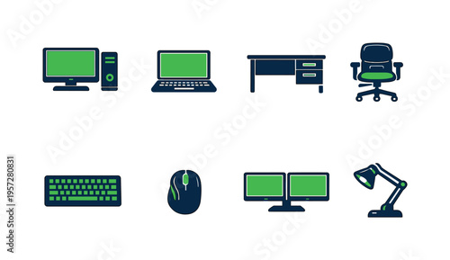 Minimal vector set of computer workstation items with green screens, including desktop, laptop, keyboard, mouse, dual monitors, desk, chair, and lamp