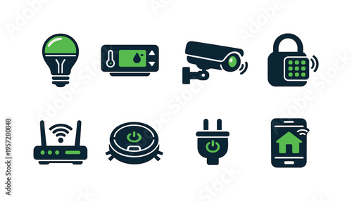 Smart home automation icons set featuring lightbulb, thermostat, security camera, keypad lock, wifi router, power button, plug, and mobile control app