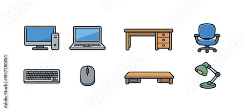 Flat vector set of home office equipment including desktop computer, laptop, keyboard, mouse, desk, chair, coffee table, and desk lamp