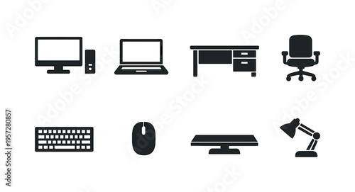 Minimal dark office workspace icon set featuring computer monitor, laptop, desk, chair, keyboard, mouse, widescreen display, and task lamp