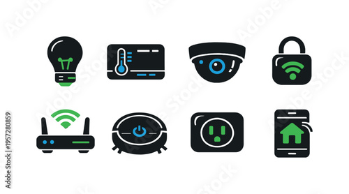 Set of smart home and internet of things icons including lightbulb, thermostat, security camera, wifi lock, router, power button, outlet, and mobile app