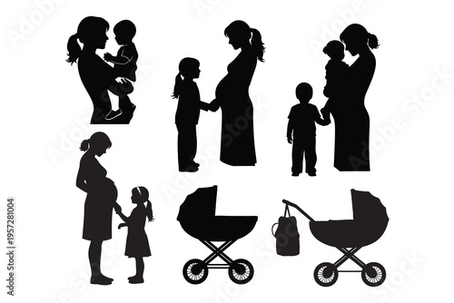 Silhouette of mother and child in various scenes with strollers