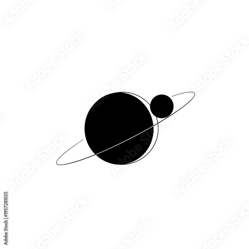 Minimalist planet with ring and satellite illustration.